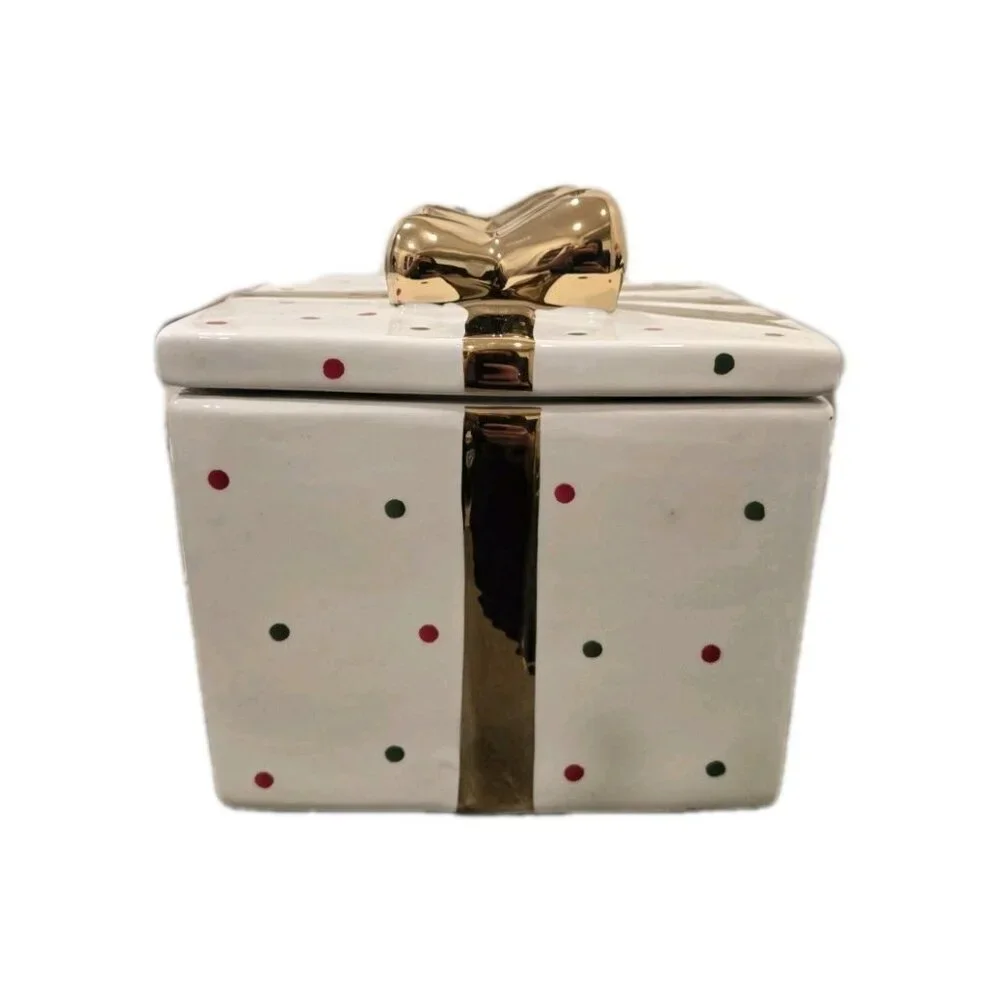 New Holiday Time Christmas Present W/ Gold Bow Cookie Jar Kitchen Room Decor